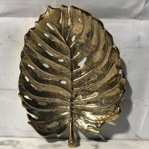 Vintage Gold Leaf Shaped Decorative Trinket Dish Cast Metal Painted